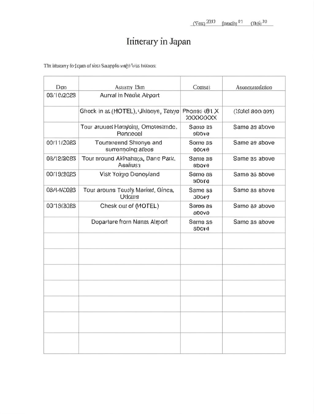sample itinerary for japan tourist visa