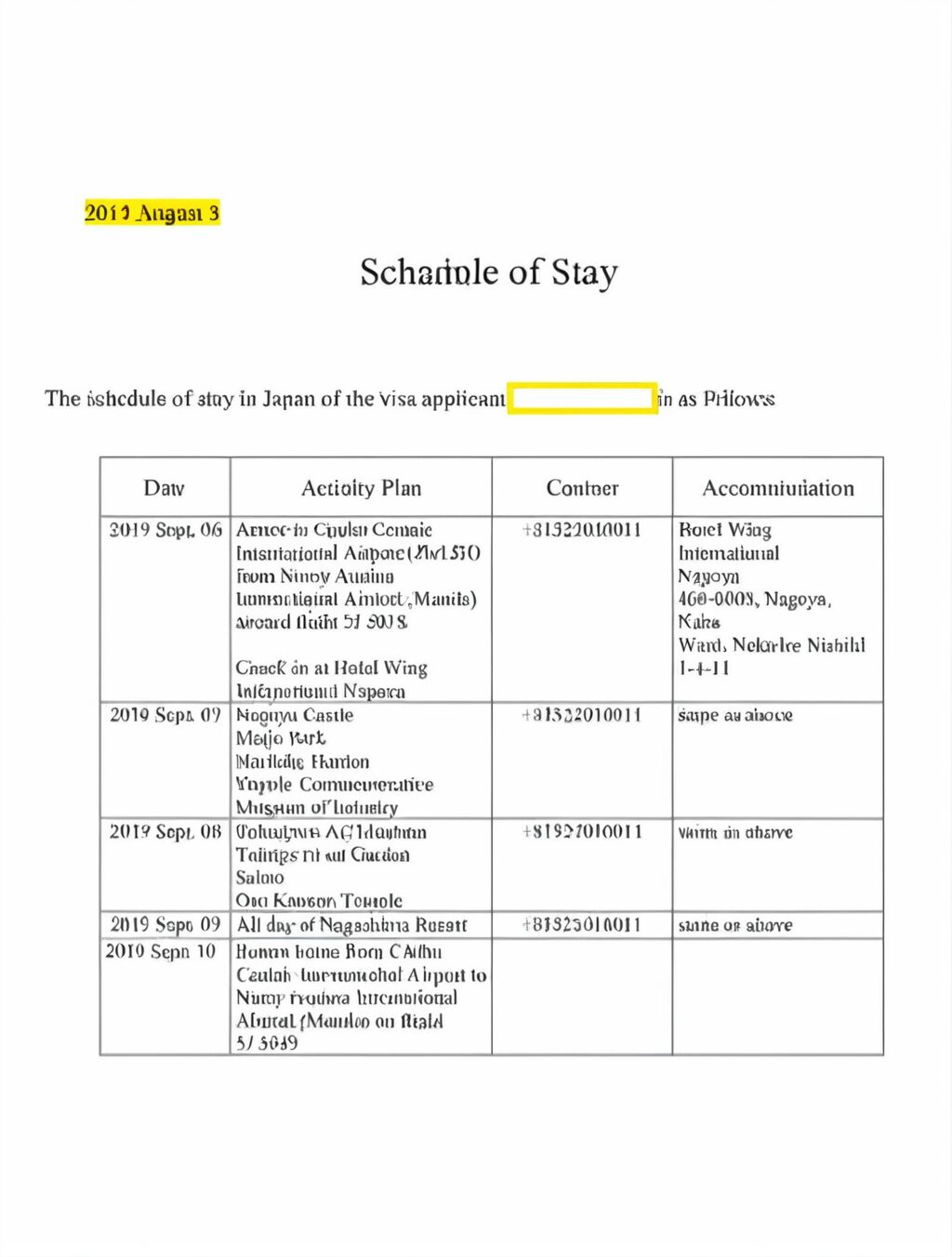 sample japan itinerary for visa