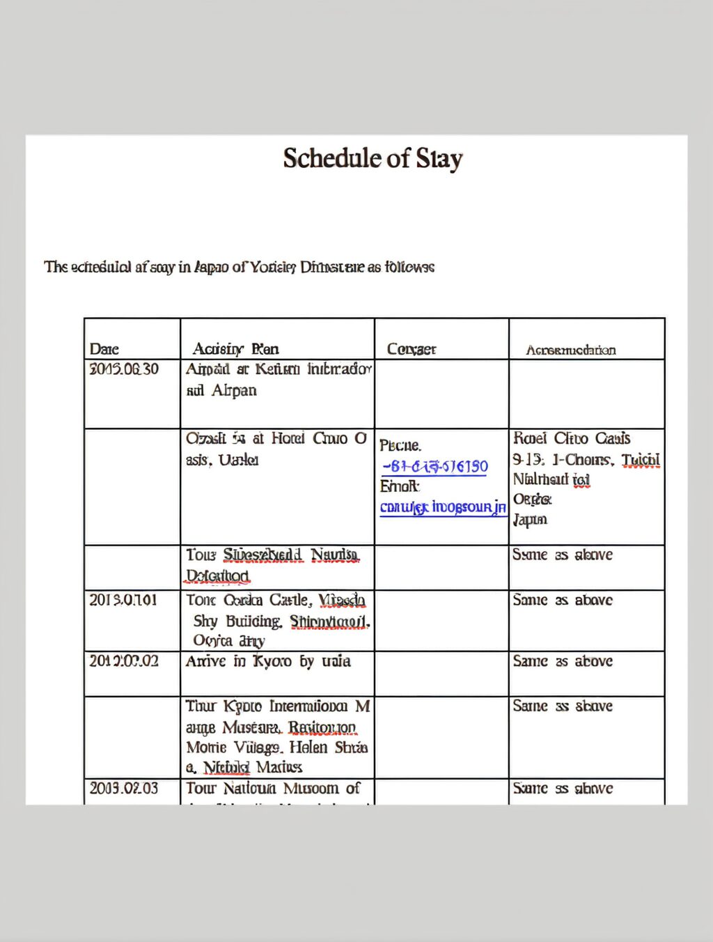 sample japan itinerary for visa