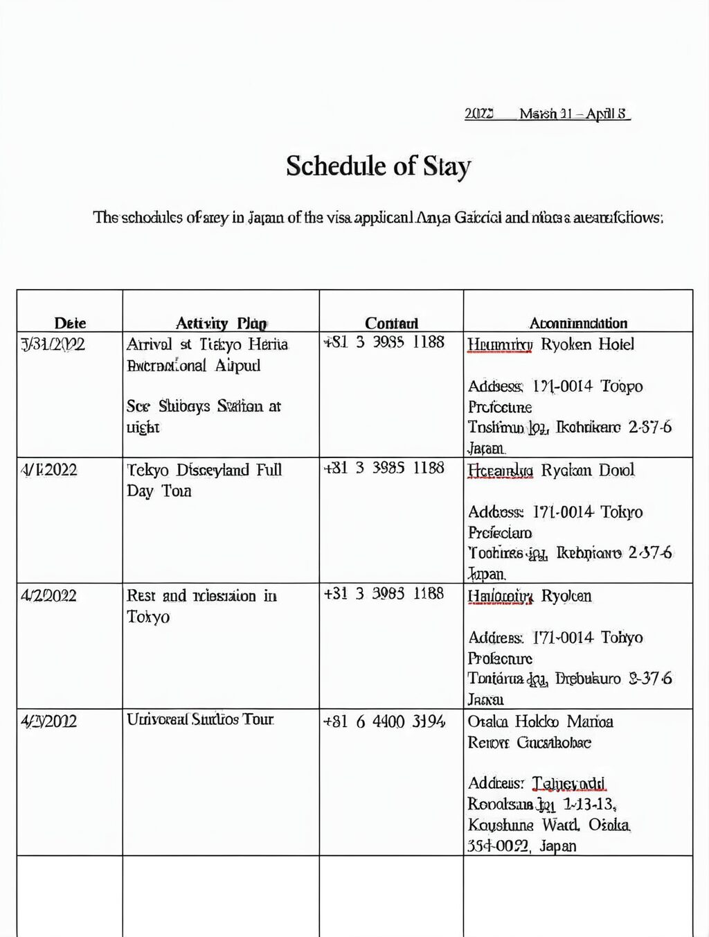 sample japan itinerary for visa application