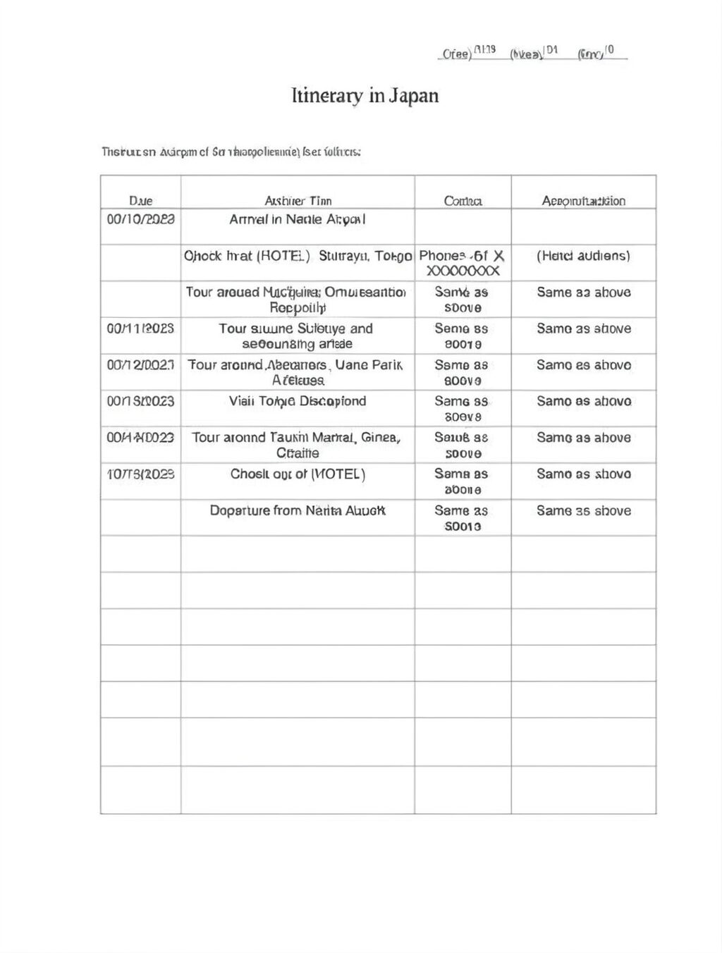 sample japan itinerary for visa application